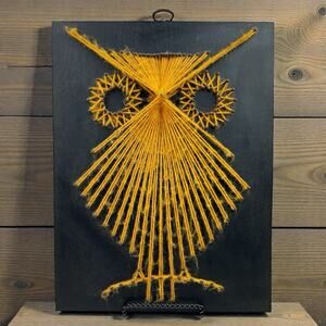 Vintage 1970s String Art Owl Wall Hanging Black Wood Plaque MCM Boho Decor